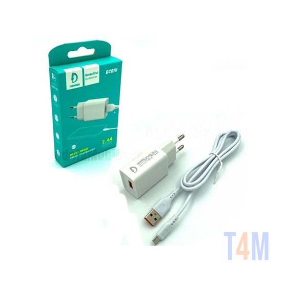 ADAPTADOR DE CARREGADOR DENMEN DC01V COM CABLE 2,4A BRANCO